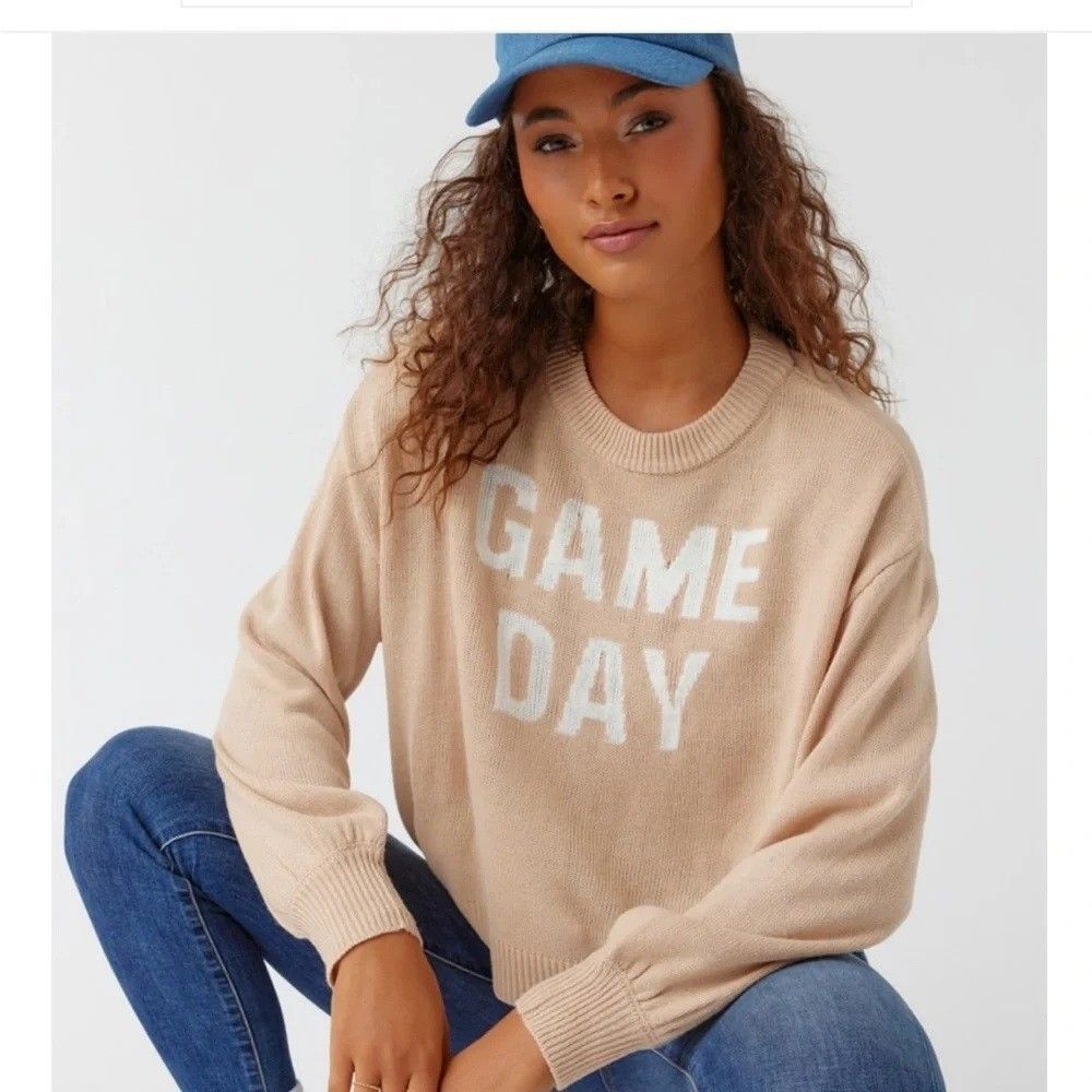 Francesca's Game Day cream knot cropped sweater with white writing long sleeve S